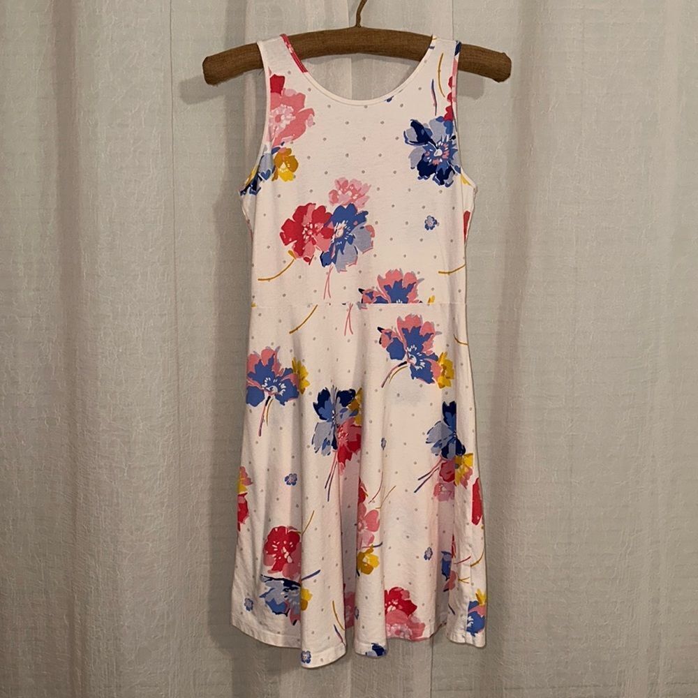 Old Navy 14 Ivory Floral Colorful Polka Dot Sleeveless A-Line 💯 Cotton Dress